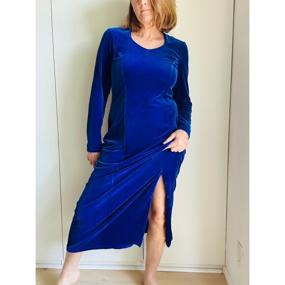 Vintage 90s Velvet Maxi Dress Womens Size Large Fitted Blue Velvet Long Sleeve - Picture 7 of 8